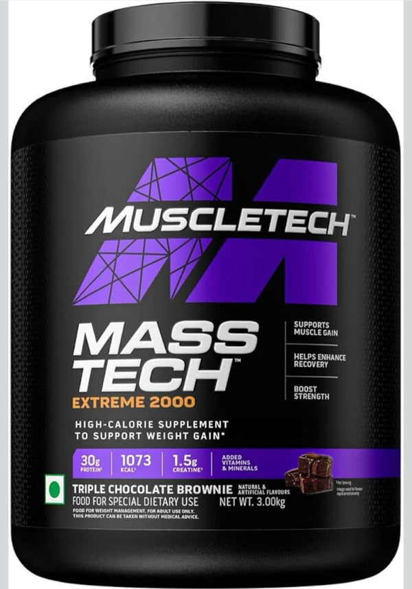 MuscleTech Veg Mass Gainer-Triple Chocolate Brownie (3Kg Powder(10 Servings)-MassTech Extreme 2000 High Protein Food For Weight Gainer (30g Protein, 1073 Kcal,1.5g Creatine & Added Vitamin,Minerals)
