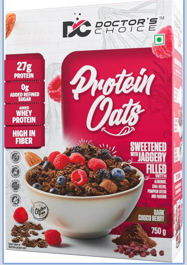 DOCTORS CHOICE Oats, High Protein Oats, 24g/27g Pure Protein Breakfast Cereals, Jaggery Sweetened, Rich in Fiber, No Additives and 0g Sugar. (750g, Dark Choco Berry)(version may vary)